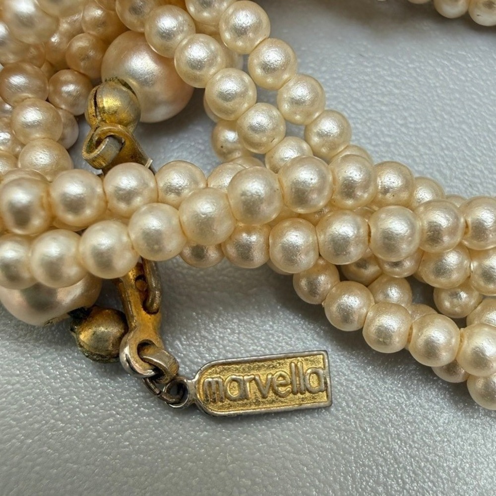 MARVELLA Vintage 1980s Twisted Multi Strand Necklace‎ Gold Tone Faux Pearl 30"
